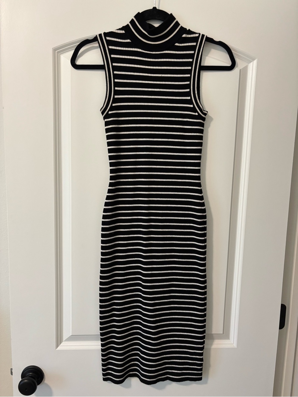 Michael Kors Black & White Striped Sleeveless Midi Knit Dress
